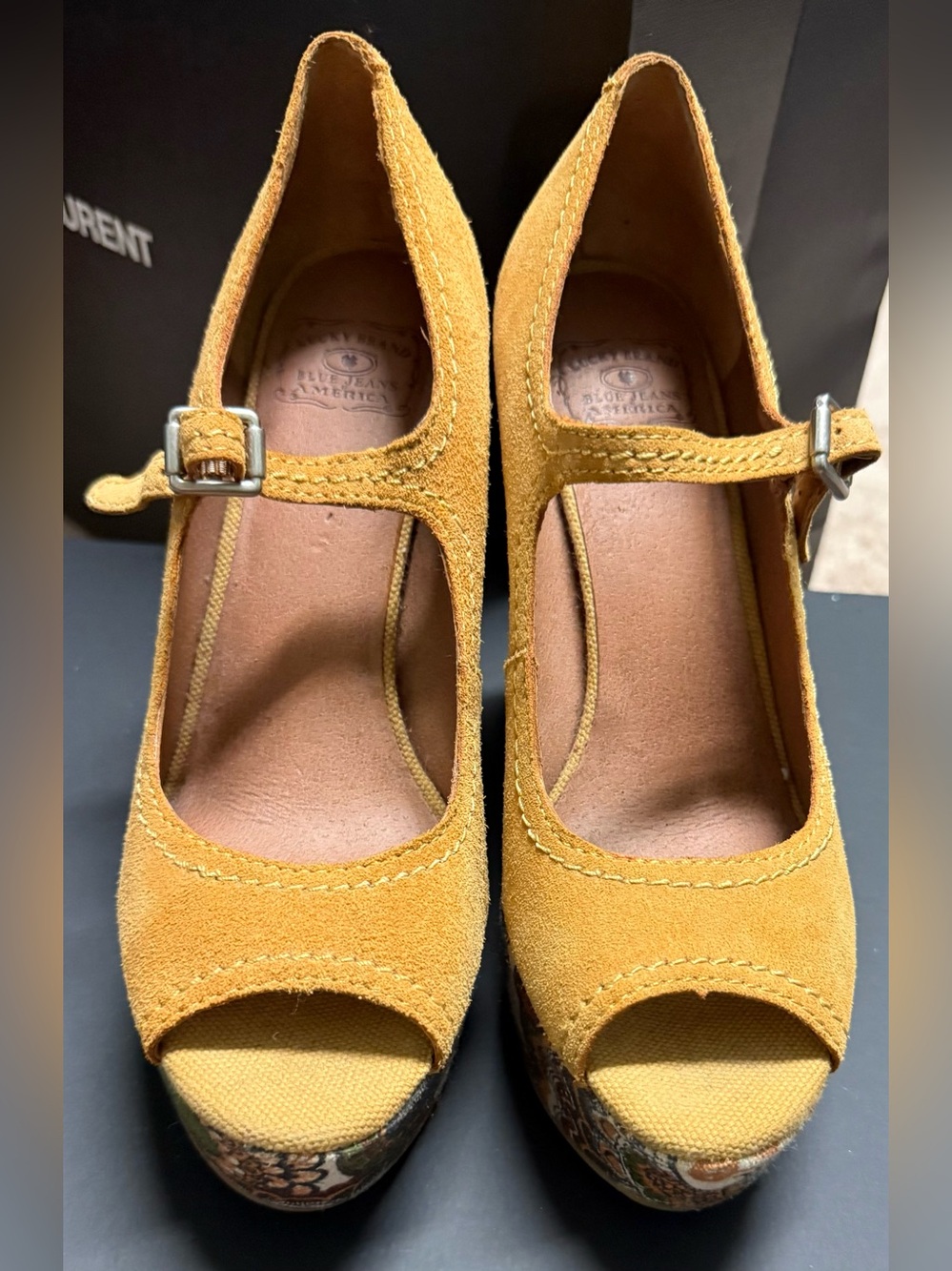 Lucky Brand Mustard Yellow Suede Mary Jane Peep-Toe Platform Pumps